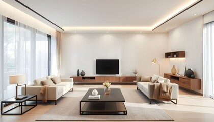 Fototapeta premium Bright and spacious living room featuring two sofas, a coffee table, a television, and large windows with sheer curtains.