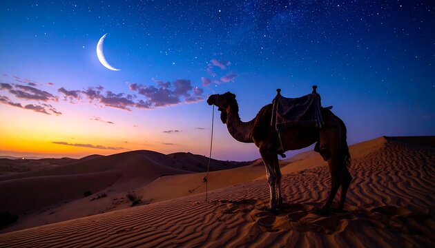 Camel in desert at night under crescent moon