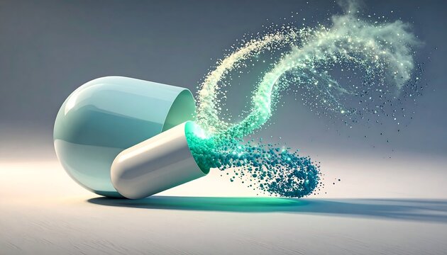 A light teal pill splitting, releasing glowing particles - Powered by Adobe