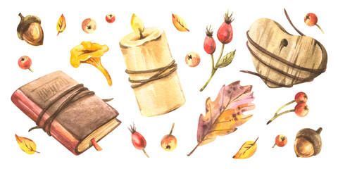 Autumn themed set with books, leaves, candles and berries created in warm shades, hand-painted watercolor illustration perfect for seasonal decor, stickers, clipart and design projects.
