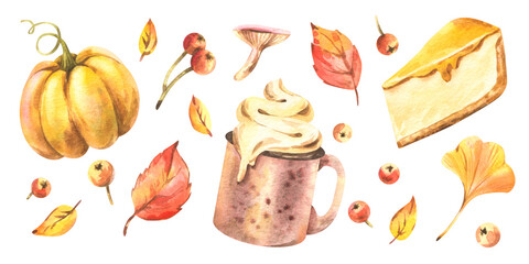 Collection with pumpkins, pie, mugs of cocoa and autumn leaves, drawn in delicate tones, hand-painted watercolor illustration ideal for holiday stickers, clipart and seasonal decoration.