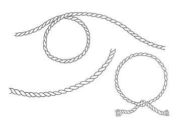 Rope round frame and lasso. Line art. Vector drawing of circle. String wreath with loops. Outline nautical graphic © Elena