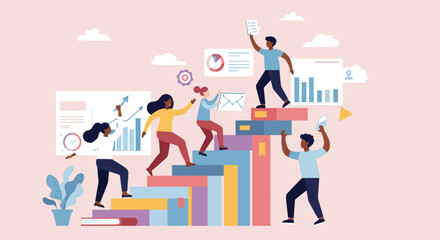 Teamwork and success concept with diverse characters climbing bar charts in flat design