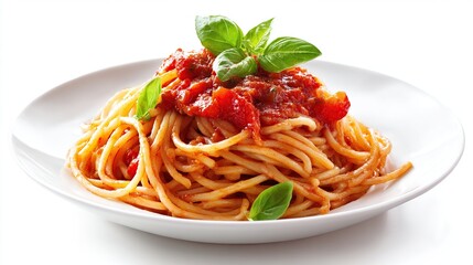 Spaghetti with tomato sauce and basil served on white plate against a plain background