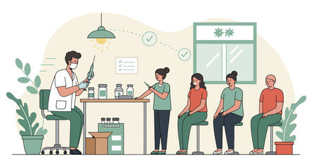 Vaccination clinic scene with doctor and patients in flat design
