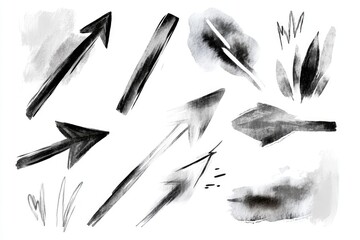 Black and white ink drawings of arrows and leaves: minimalist nature art collection
