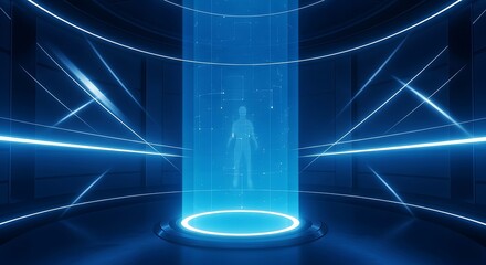 Futuristic Blue Holographic Human Scan In Sci- Fi Chamber image photo