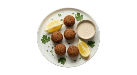 Falafel, lemon, sauce, parsley on plate from above