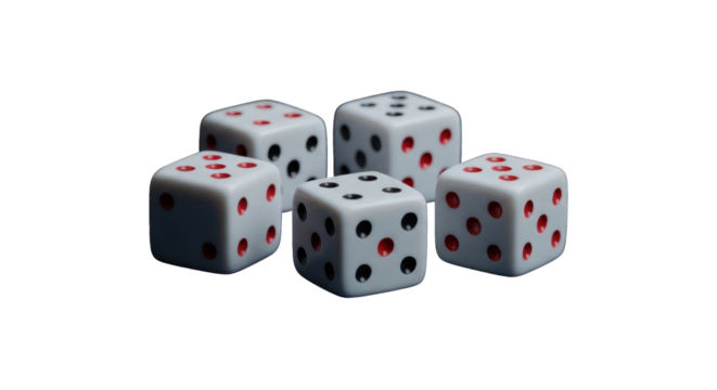 Five white dice show red & black dots on a black background