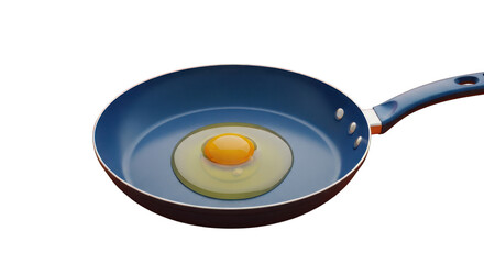 Fried egg sits alone in a blue frying pan on black ground