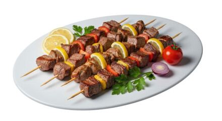 Grilled meat skewers with lemon, peppers, herbs on white plate