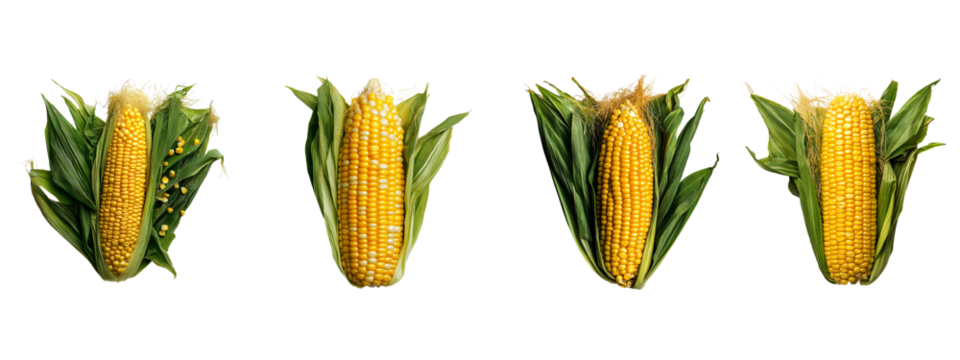 Four ears of freshly harvested corn symbols of autumn bounty and farm on transparent background