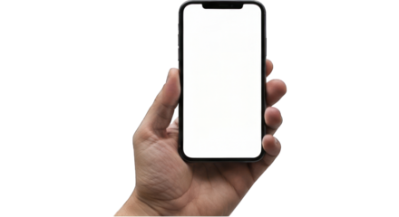 Hand holds blank smartphone against a black background