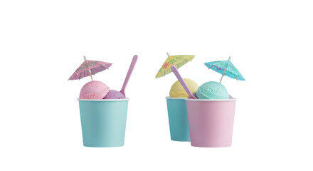 Ice cream scoops in paper cups with tiny paper umbrellas