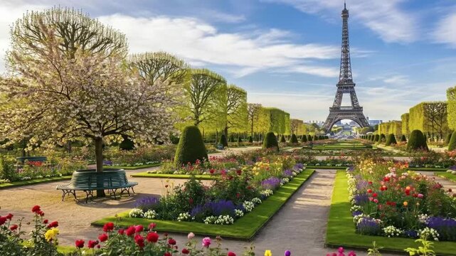 Eiffel Tower views from a flowerfilled Parisian park under a bright sky with neatly trimmed trees and walkways