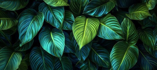 Lush Rainforest Foliage Background Featuring Vibrant Shades of Green in Exotic Tropical Vegetation