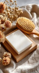 Fototapeta premium Beige soap bar on a stand, natural decor
