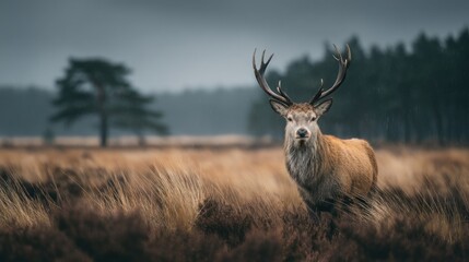 Obraz premium Majestic Red Deer Stag Standing in Misty Grassy Meadow Landscape Scene