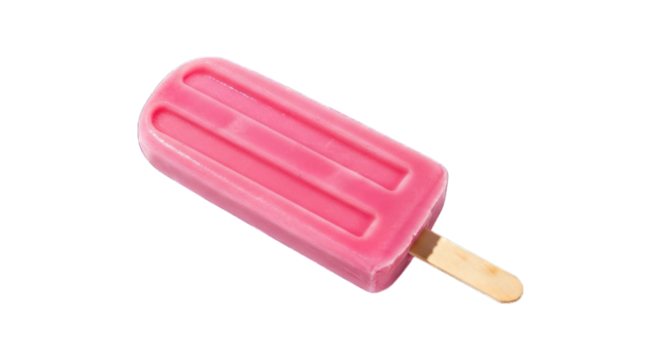 Pink rectangle popsicle, wooden stick, dark backdrop