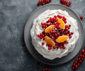Top view of christmas Pavlova dessert. Delicious Pavlova topped with red currant and dried oranges on Christmas tabletop.