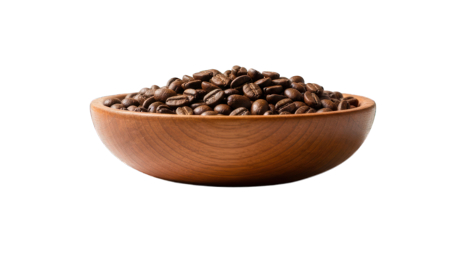 Roasted coffee beans in a shallow wooden bowl