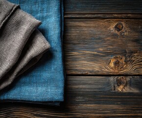View from above on brown wooden table with linen kitchen towel or textile napkin.