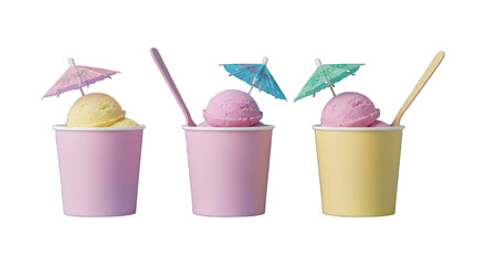 Three ice creams in pastel cups, tiny umbrellas