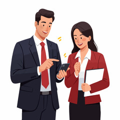 Cartoon Style Happy Business People Discussing Project On Smartphone Illustration