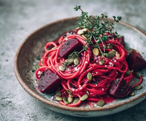 Roasted beetroot and thyme spaghetti with pumpkin seed in craft plate on gray  background.