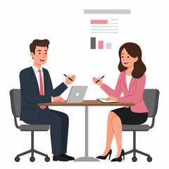 Flat Businesspeople Sitting at Table Brainstorming Ideas in Meeting Illustration