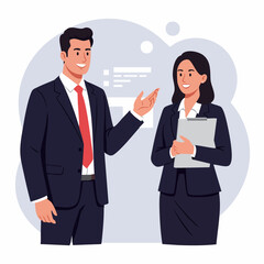 Modern Flat Illustration of a Businessman and Businesswoman in Discussion