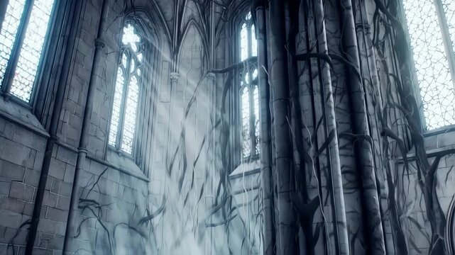 Interior of a gothic cathedral, overgrown with vines