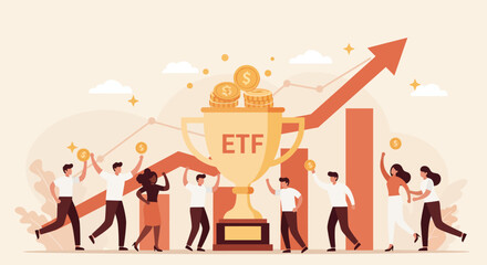 Team celebrating etf success with graphs and trophy in flat style