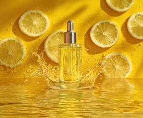 Luxury cosmetic oil or serum in glass bottle with pipette in clean transparent water with lemon slices over yellow background.