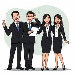 Flat Handdrawn Diverse Business Team Colleagues Success Celebration Illustration