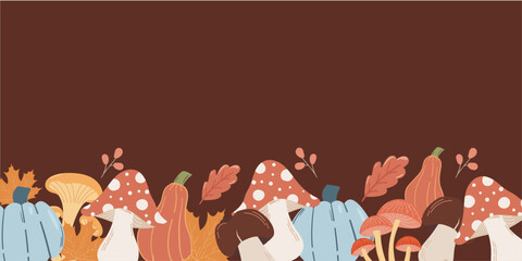 Harvest cute season vector illustration with pumpkins, chanterelles, fly agarics, and autumn foliage. Festive design for Thanksgiving and fall celebrations.