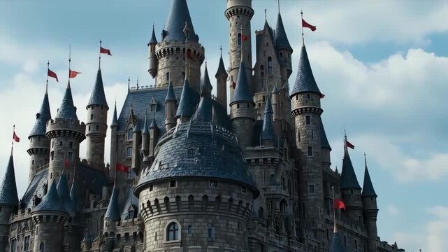 Majestic stone castle with fog
