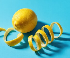 Lemon with spiral peeled zest over blue minimalist background.