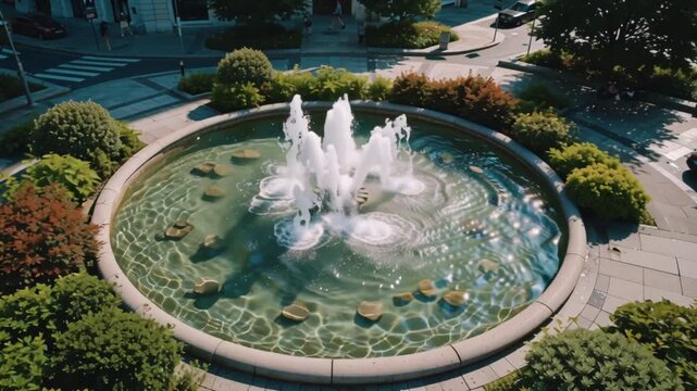 A serene urban oasis captured from a high angle, showcasing a circular water fountain with splashing jets amidst lush city landscaping