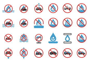 A collection of prohibition signs with water droplet and car motifs