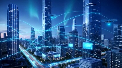 Futuristic smart city network with drones and data transmission in modern skyscrapers landscape - Powered by Adobe