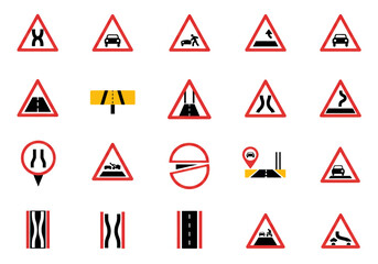 An array of twenty road signs predominantly triangular with red borders and black symbols on a white background
