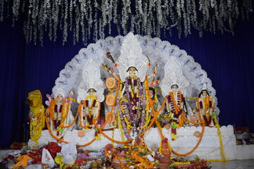 Goddess Durga with traditional look in close up view at a South Kolkata Durga Puja, Durga Puja Idol, A biggest Hindu Navratri festival in India