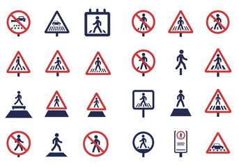 Array of pedestrian crossing and prohibition road signs various shapescolors