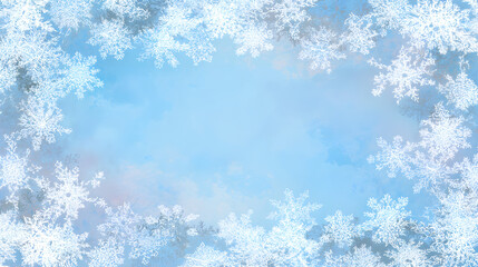 A winter-themed background with a light blue gradient and white snowflakes framing the edges. The scene evokes a cold, festive atmosphere.
