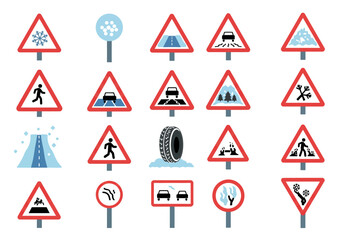 Array of twenty road signs mainly red triangles warning of winter weather conditions and pedestrian hazards