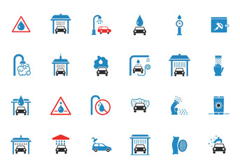 Collection of icons relating to car washing in blue and red