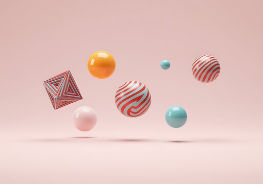 Abstract Composition with Floating Geometric Shapes on Light Pink Background Creative Modern Design with Spheres and Polyhedron for Contemporary Concepts