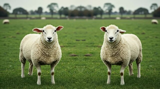 Two identical sheep appear in a green field, symbolizing cloning and genetic engineering concepts, footage