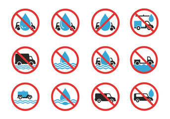 Graphic forbidden sign icons depict cars with water drops and onin water implying restrictions on water usage or vehicles